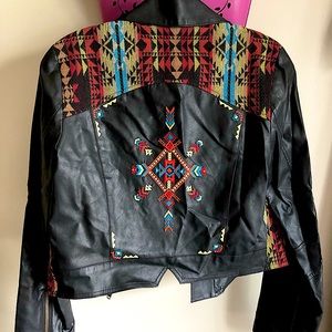 Faux leather moto jacket, embroidered, sz S